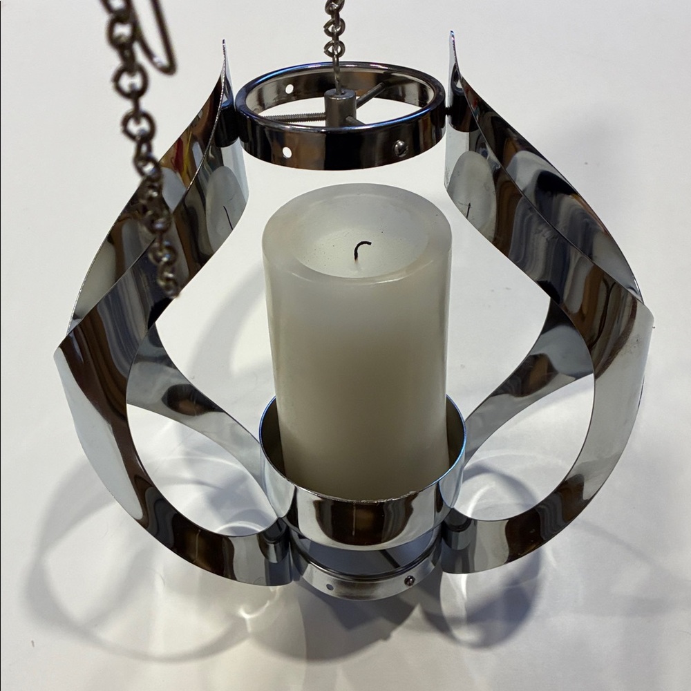 Hanging Candle Chain/Plant Holder Metal Mid Century 
Silver  Twirling Pillar